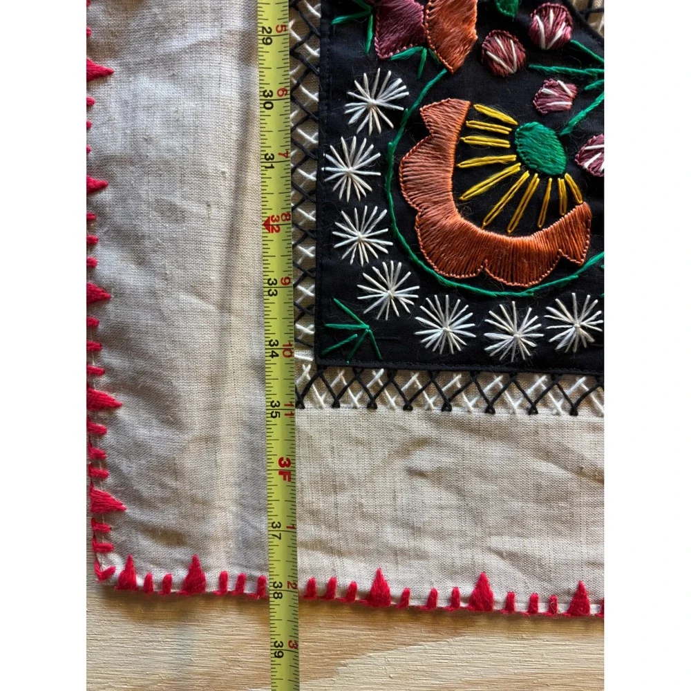 Vintage Hungarian Folklore Embroidered Linen Tablecloth 90s 38x38